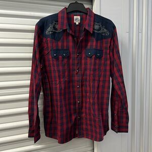 Moon shine spirit button up shirt, long sleeves, red, blue size large